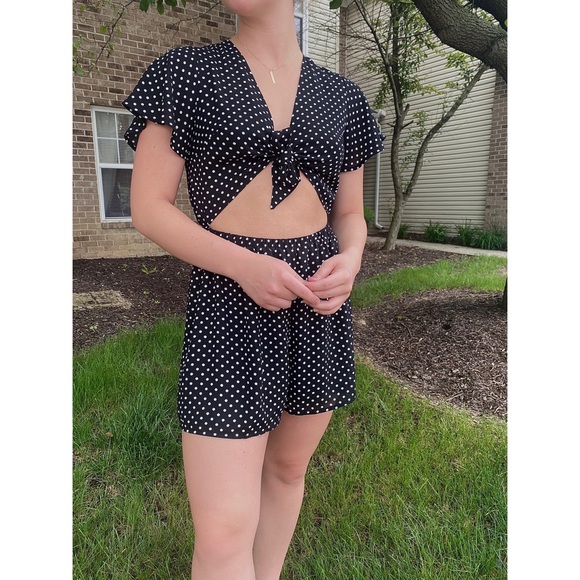Polka-dot Romper with Tie - Picture 1 of 4